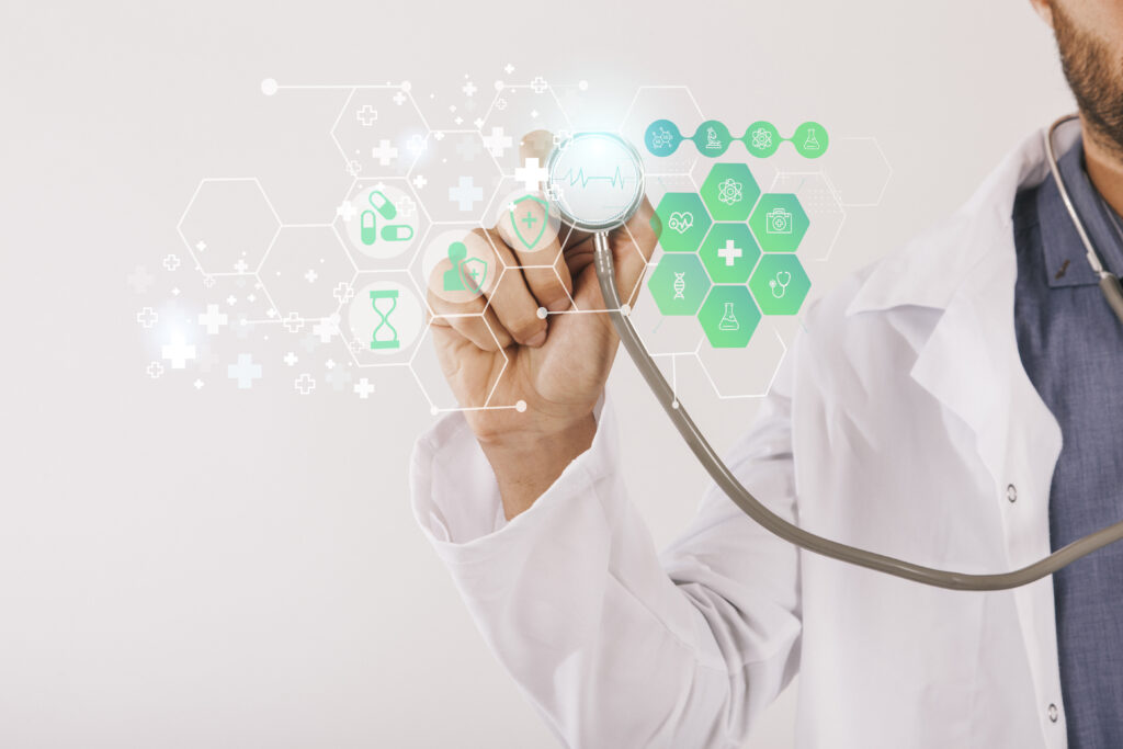 medical banner with doctor holding stethoscope